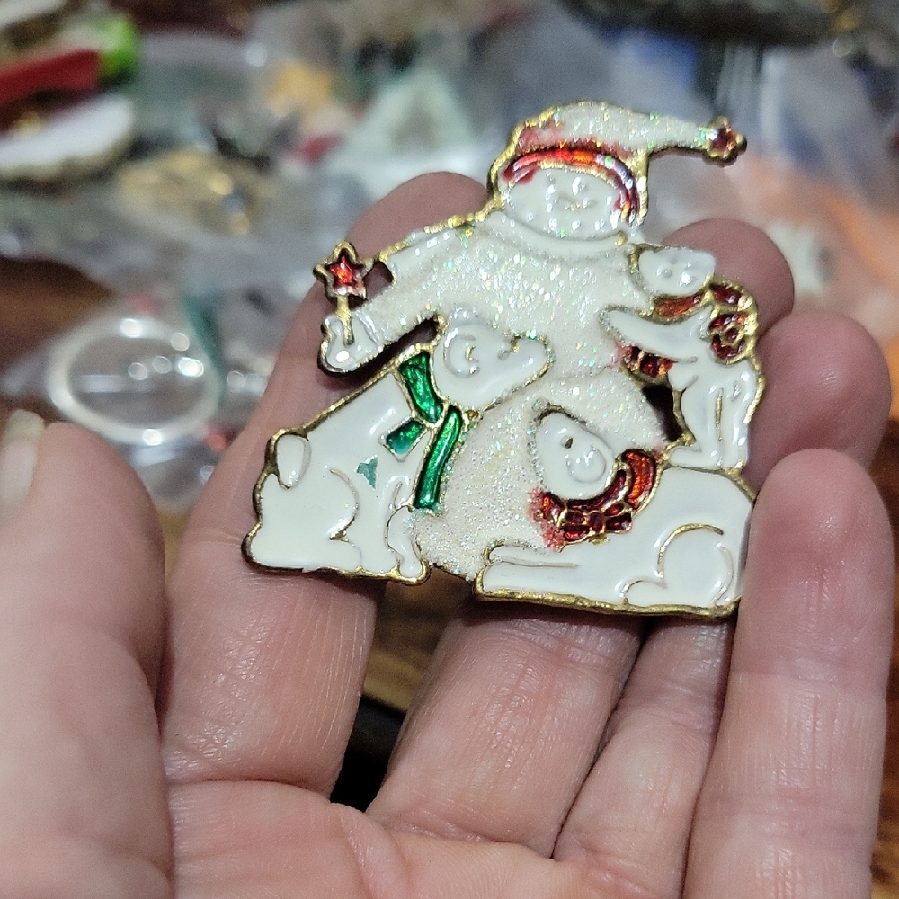 Festive Snowman and Polar Bears Brooch